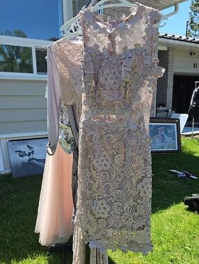 Delicate Blush Lace Midi Dress with Floral Overlay